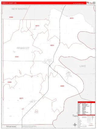 Pemiscot County, MO RedLine style ZIP Code wall map