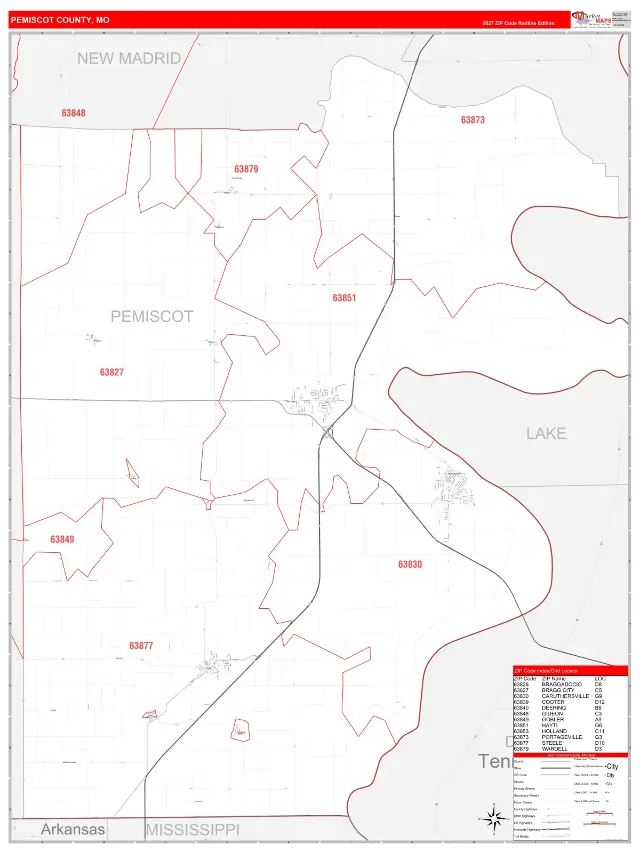 Pemiscot County, MO ZIP Code Wall Map, RedLine style