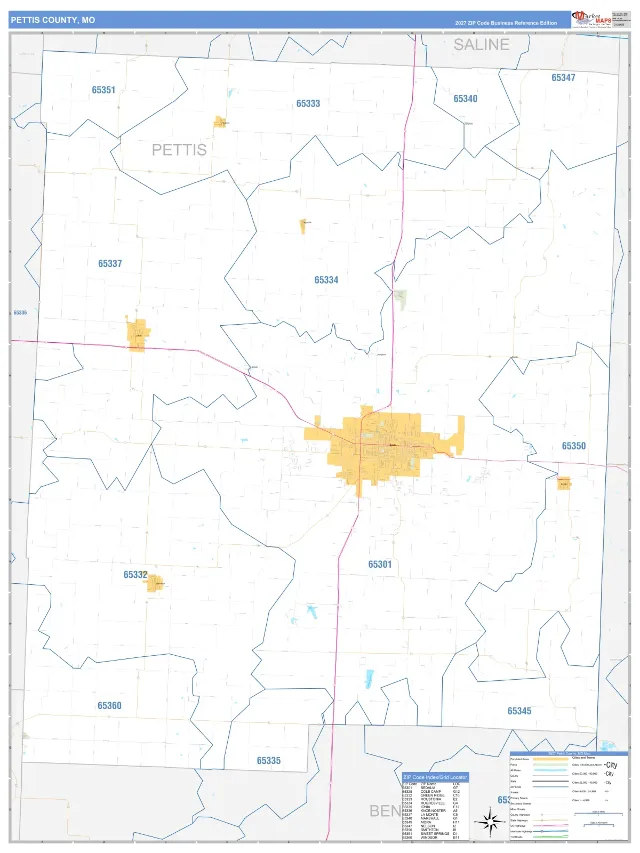 Pettis County, MO ZIP Code Wall Map, Business Reference style