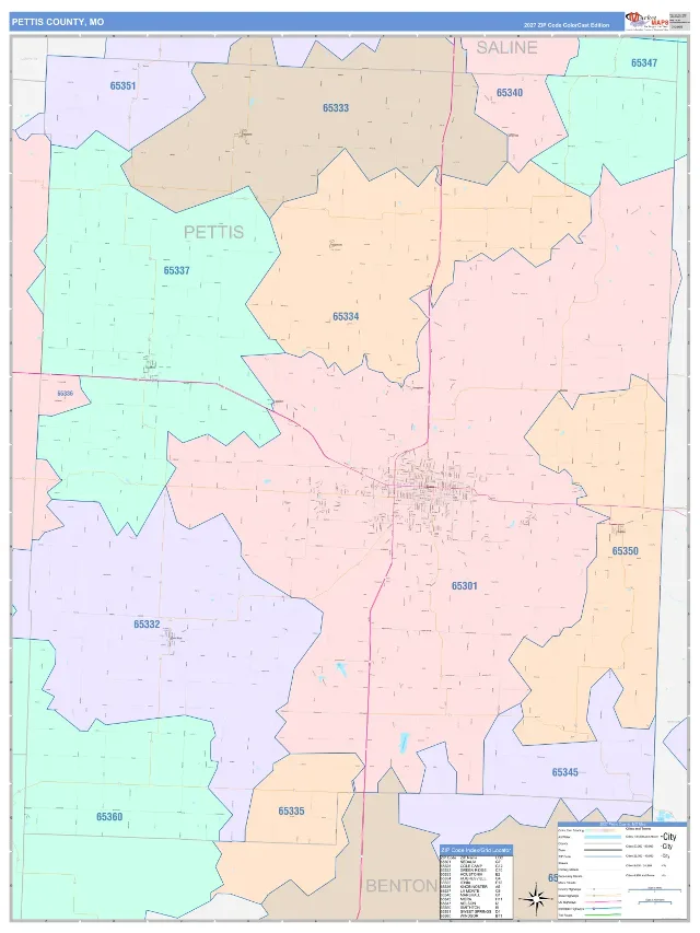 Pettis County, MO ZIP Code Wall Map, ColorCast style