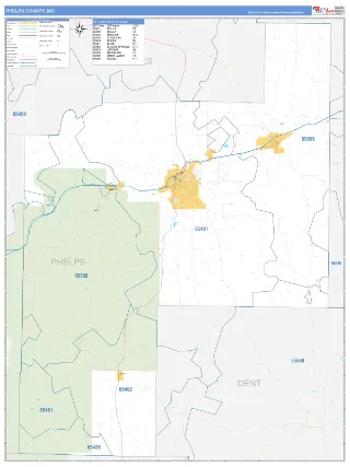 Phelps County, MO Business Reference style ZIP Code wall map