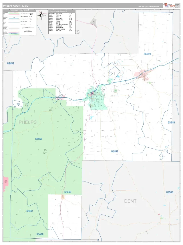Phelps County, MO ZIP Code Wall Map, Classic style