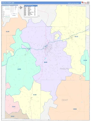 Phelps County, MO ColorCast style ZIP Code wall map