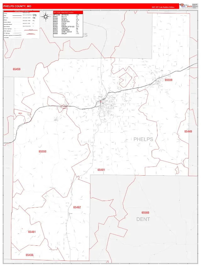 Phelps County, MO ZIP Code Wall Map, RedLine style