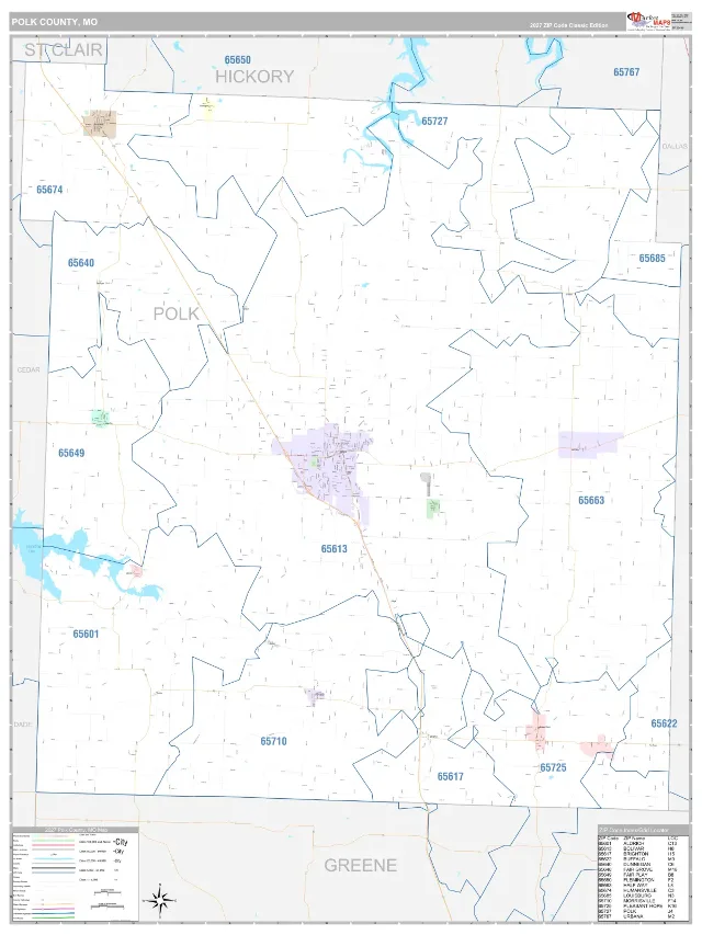 Polk County, MO ZIP Code Wall Map, Classic style