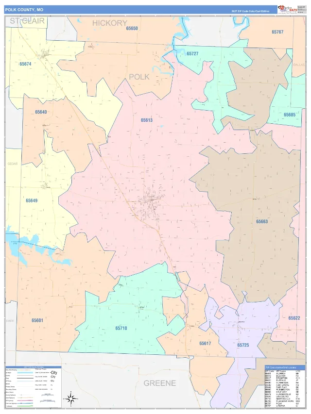 Polk County, MO ZIP Code Wall Map, ColorCast style