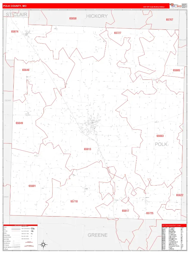 Polk County, MO ZIP Code Wall Map, RedLine style