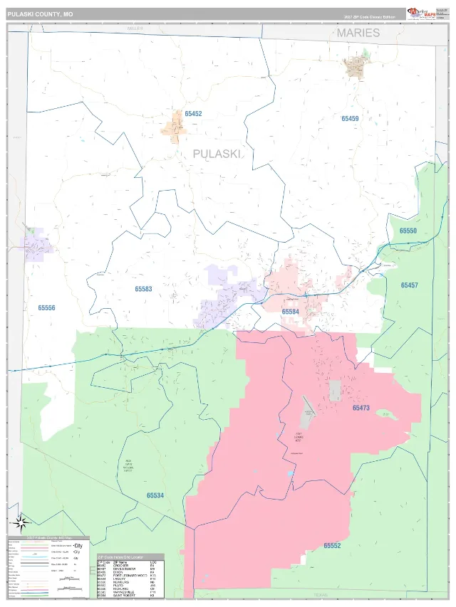 Pulaski County, MO ZIP Code Wall Map, Classic style