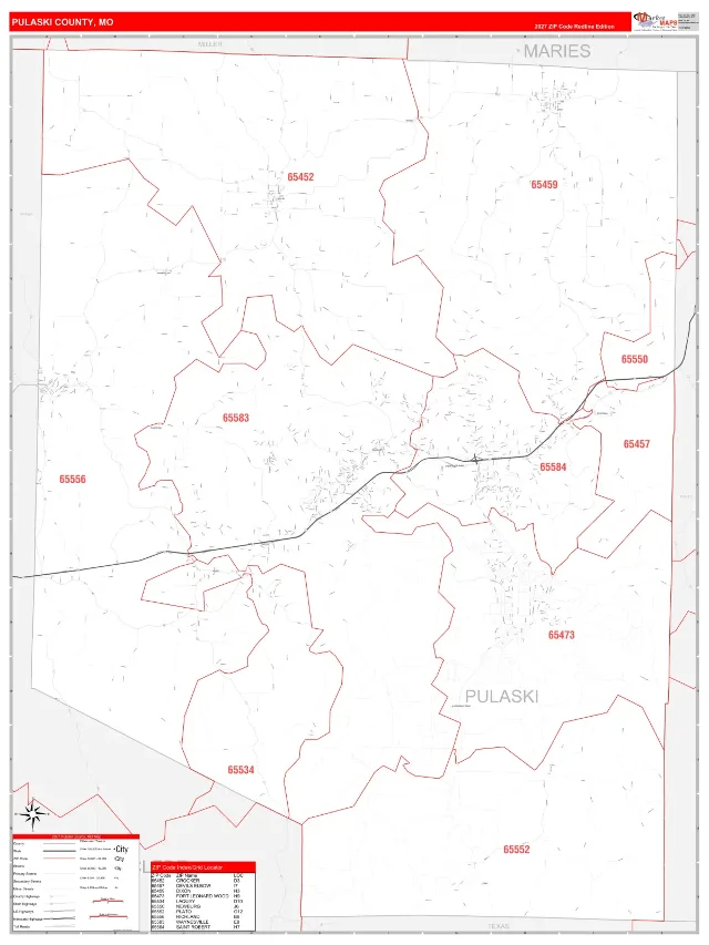Pulaski County, MO ZIP Code Wall Map, RedLine style