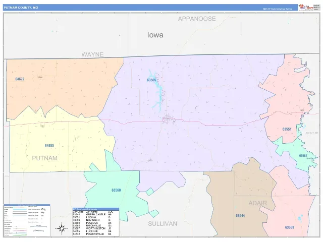 Putnam County, MO ZIP Code Wall Map, ColorCast style