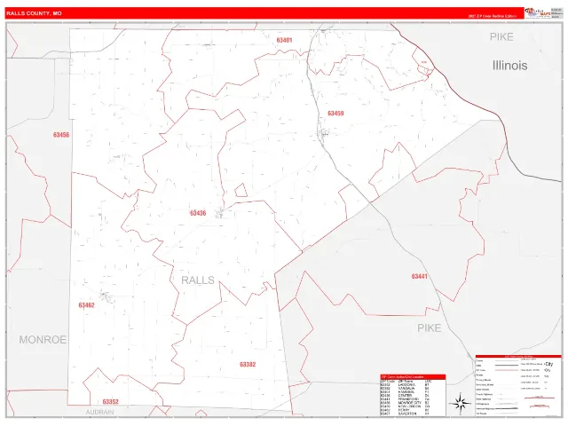 Ralls County, MO ZIP Code Wall Map, RedLine style