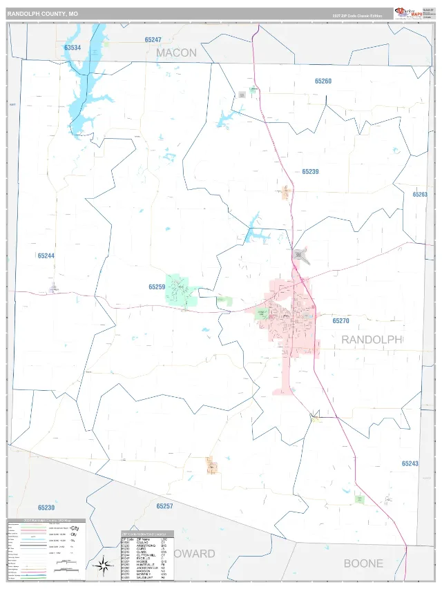 Randolph County, MO ZIP Code Wall Map, Classic style