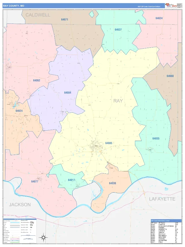 Ray County, MO ZIP Code Wall Map, ColorCast style