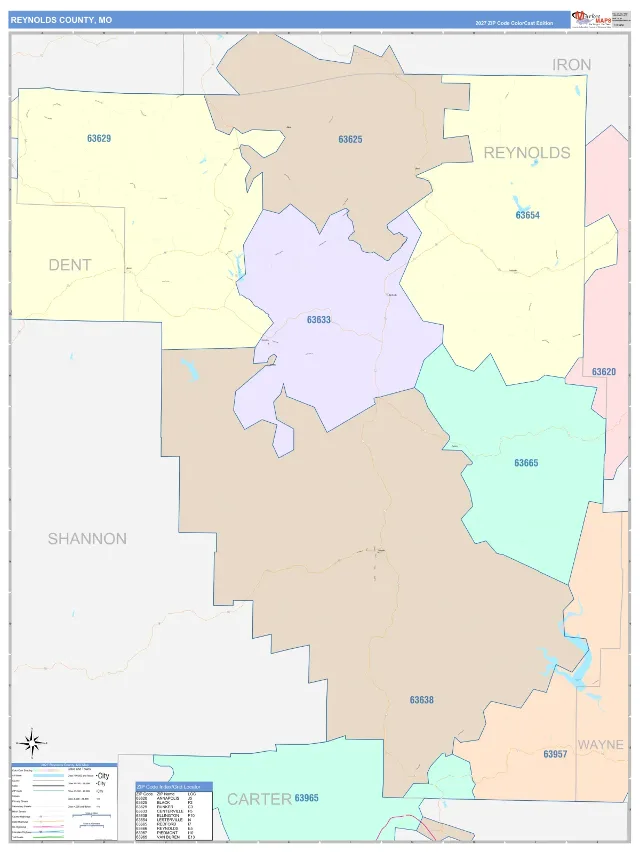 Reynolds County, MO ZIP Code Wall Map, ColorCast style