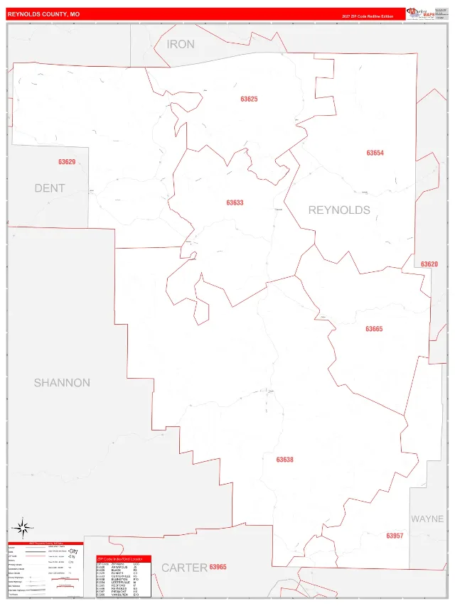 Reynolds County, MO ZIP Code Wall Map, RedLine style
