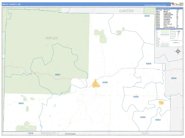 Ripley County, MO ZIP Code Wall Map, Business Reference style