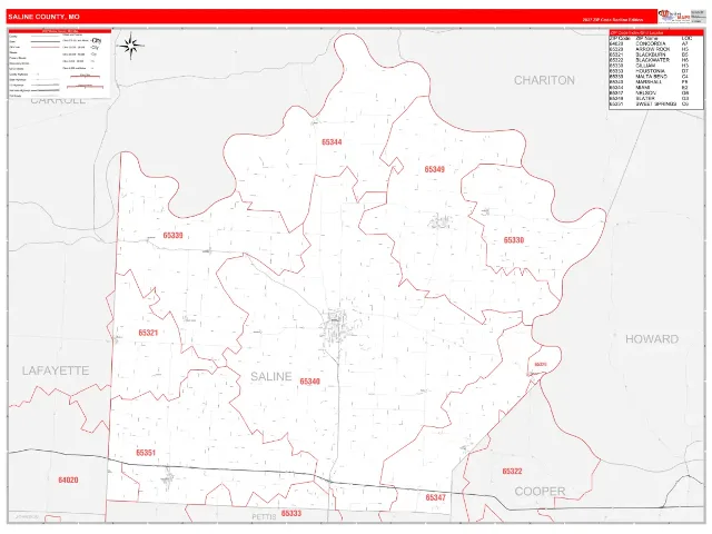 Saline County, MO ZIP Code Wall Map, RedLine style