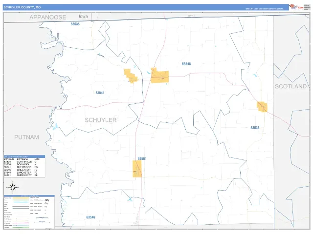 Schuyler County, MO ZIP Code Wall Map, Business Reference style