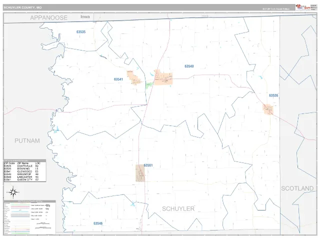 Schuyler County, MO ZIP Code Wall Map, Classic style