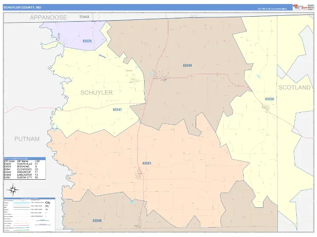 Schuyler County, MO ZIP Code Wall Map, ColorCast style