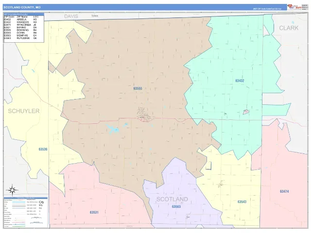 Scotland County, MO ZIP Code Wall Map, ColorCast style