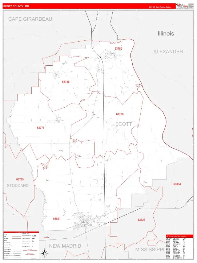 Scott County, MO ZIP Code Wall Map, RedLine style