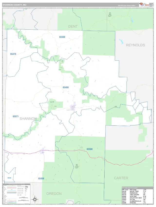 Shannon County, MO ZIP Code Wall Map, Classic style
