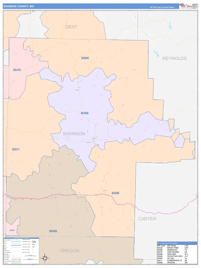 Shannon County, MO ZIP Code Wall Map, ColorCast style