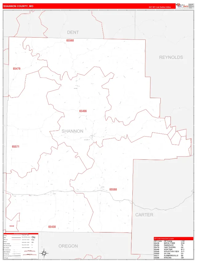 Shannon County, MO ZIP Code Wall Map, RedLine style