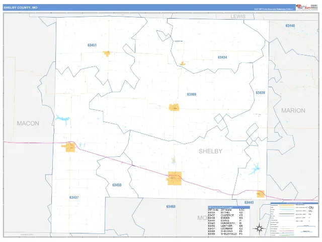 Shelby County, MO ZIP Code Wall Map, Business Reference style