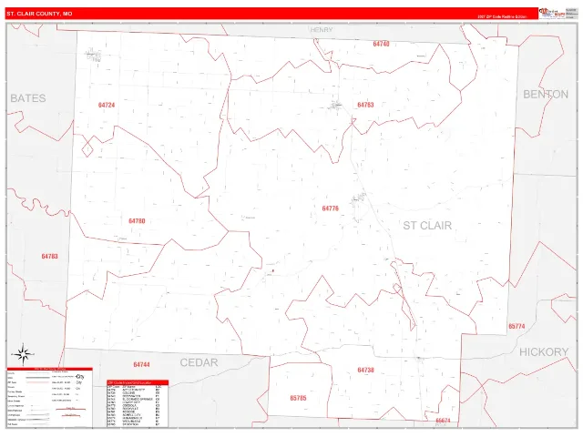 St. Clair County, MO ZIP Code Wall Map, RedLine style