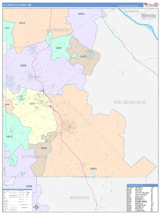 St. Francois County, MO ColorCast style ZIP Code wall map