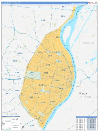 St. Louis City County, MO Business Reference style ZIP Code wall map