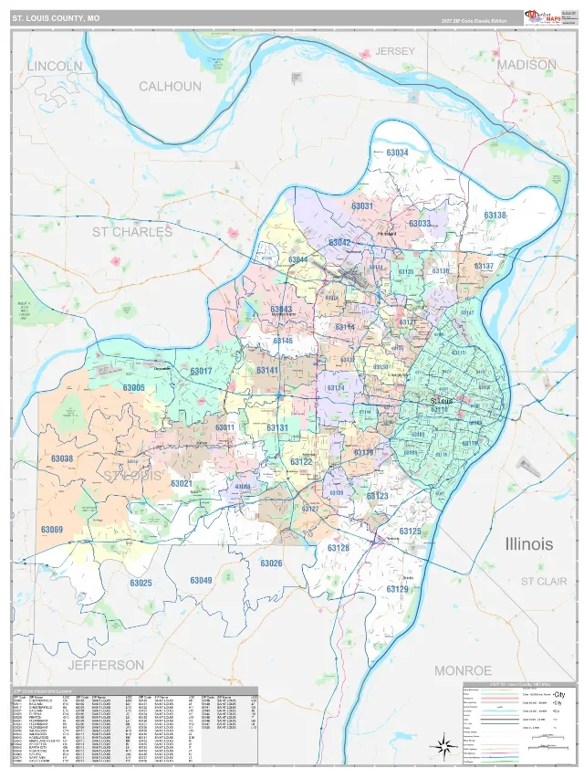 St. Louis County, MO ZIP Code Wall Map, Classic style
