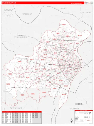 St. Louis County, MO RedLine style ZIP Code wall map