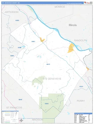 Ste. Genevieve County, MO Business Reference style ZIP Code wall map