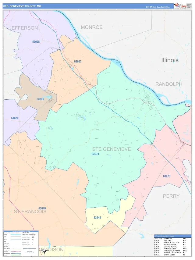 Ste. Genevieve County, MO ZIP Code Wall Map, ColorCast style