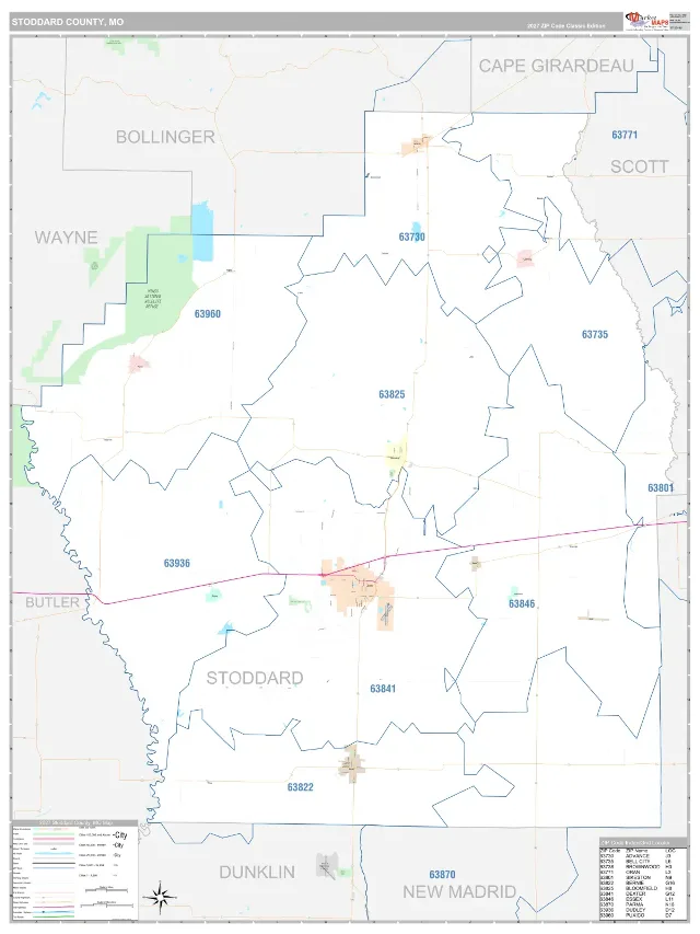 Stoddard County, MO ZIP Code Wall Map, Classic style