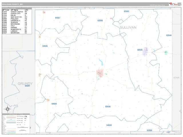 Sullivan County, MO ZIP Code Wall Map, Classic style