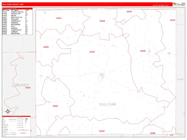 Sullivan County, MO ZIP Code Wall Map, RedLine style