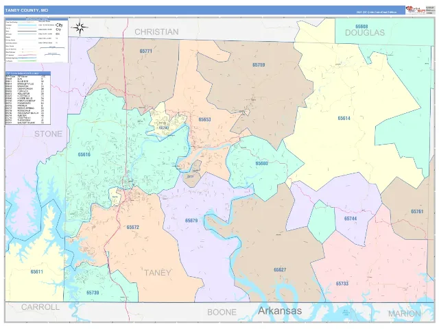 Taney County, MO ZIP Code Wall Map, ColorCast style