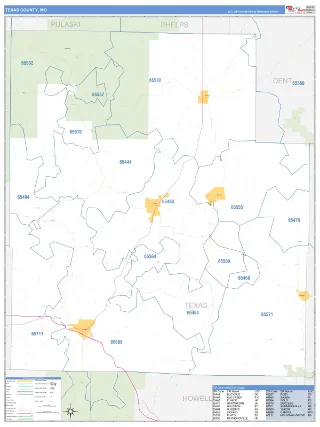 Texas County, MO Business Reference style ZIP Code wall map