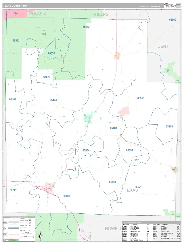 Texas County, MO ZIP Code Wall Map, Classic style