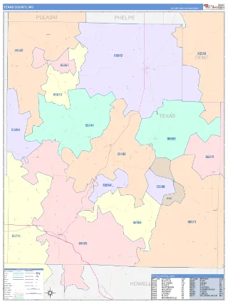 Texas County, MO ColorCast style ZIP Code wall map
