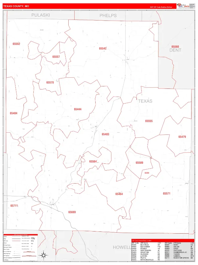 Texas County, MO ZIP Code Wall Map, RedLine style