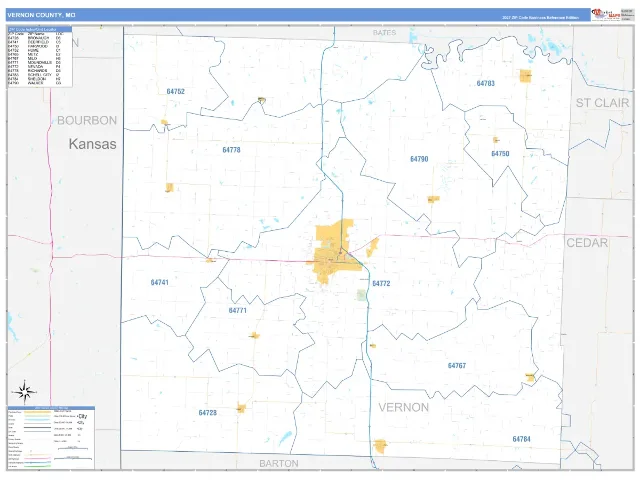 Vernon County, MO ZIP Code Wall Map, Business Reference style