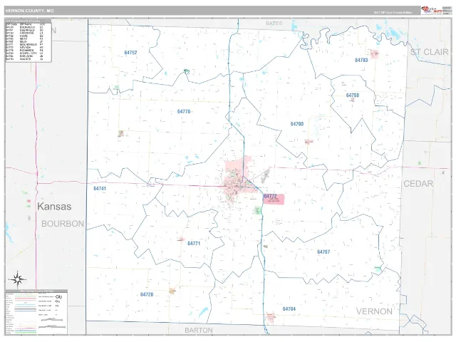 Vernon County, MO ZIP Code Wall Map, Classic style