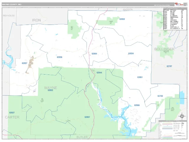 Wayne County, MO ZIP Code Wall Map, Classic style