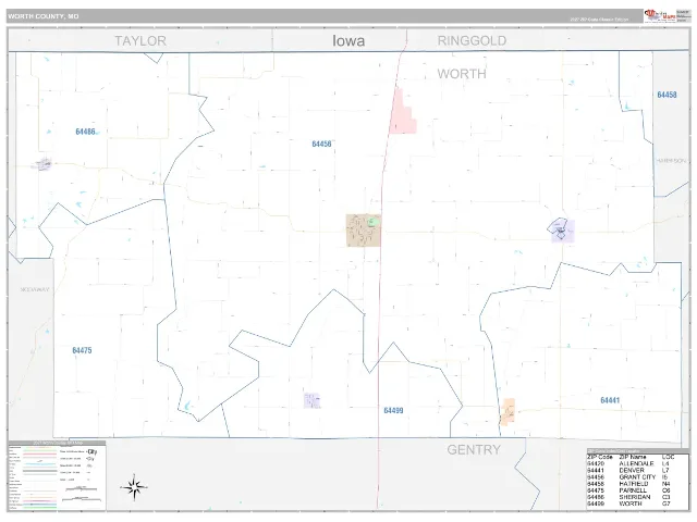 Worth County, MO ZIP Code Wall Map, Classic style