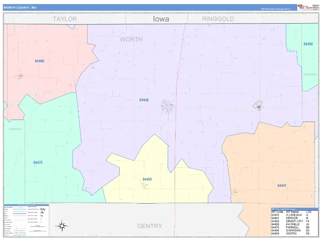 Worth County, MO ZIP Code Wall Map, ColorCast style